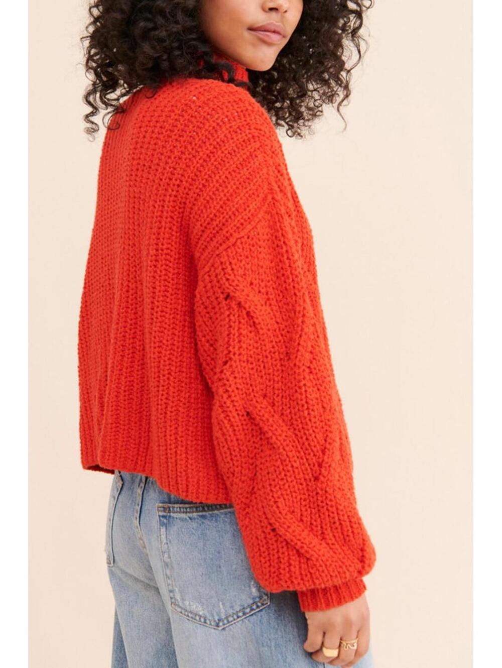 $298 FREE PEOPLE Clementine Soft Spun Cable Knit Pullover Orange Tango Sz L#1250 - Picture 8 of 11